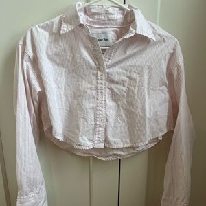 Aritzia Sunday Best Cropped Striped Button Down Top Pink and White Striped 2XS
